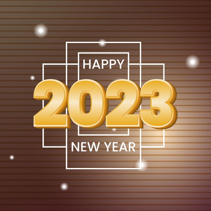 Vector año nuevo 2023 con efecto de texto 3d, fondo marrón y patrón de línea horizontal. simple y elegante
