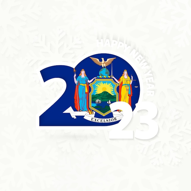 Año Nuevo 2023 para Nueva York sobre fondo de copos de nieve