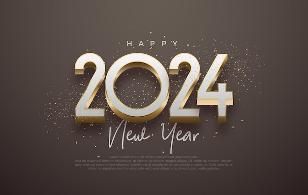 Año Nuevo 2024 con 3D Elegante oro de lujo brillante en un fondo negro Diseño vectorial premium para saludos y celebración de Feliz Año Nuevo 2024