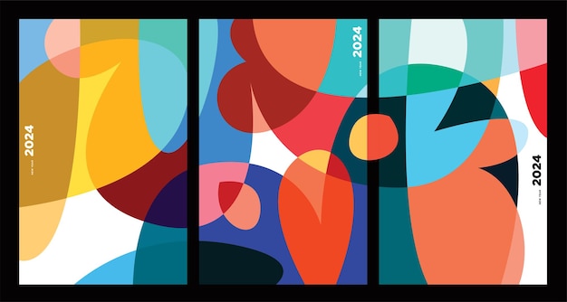 Año Nuevo 2024 Abstracto colorido geométrico y fluido para cartel de felicitación de póster y bandera