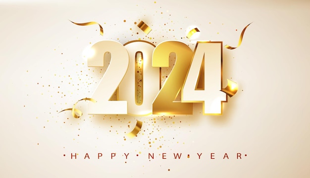 Año nuevo 2024 Banner con números fecha 2024 Decoración navideña y confeti sobre fondo blanco Diseño de tarjetas de felicitación navideñas