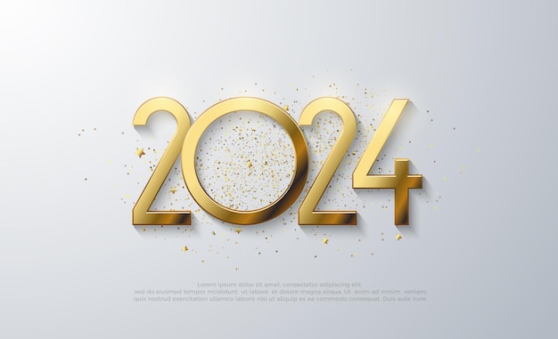 Año nuevo 2024 brillo dorado con lujo y números dorados brillantes diseño de vector premium para cartel de banner publicación social y saludo de feliz año nuevo