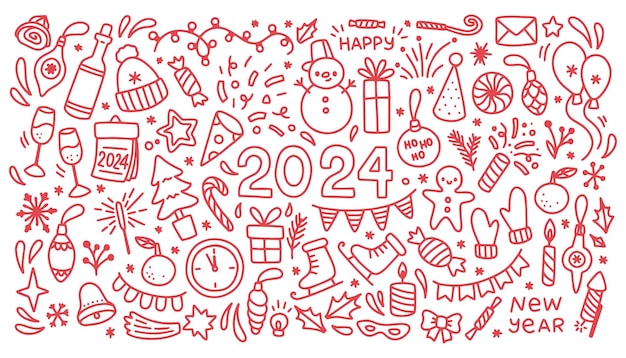 Año nuevo 2024 doodle vector set objetos y elementos relacionados con la fiesta de navidad