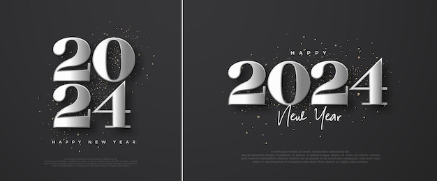 Año nuevo 2024 con números 3d plateados metálicos fondo azul con brillo Diseño vectorial Premium para saludar y celebrar el feliz año nuevo 2024