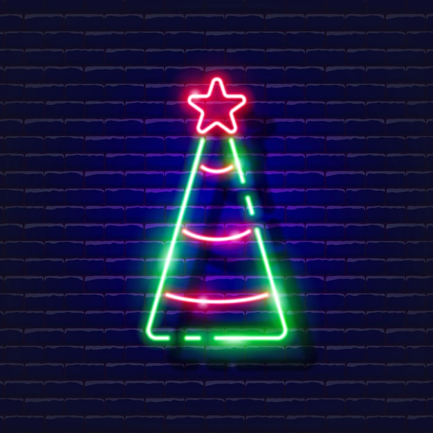 Año nuevo, abeto, letrero de neón, brillante, árbol de navidad, icono, año nuevo, y, navidad, concepto, vector, ilustración, para, diseño
