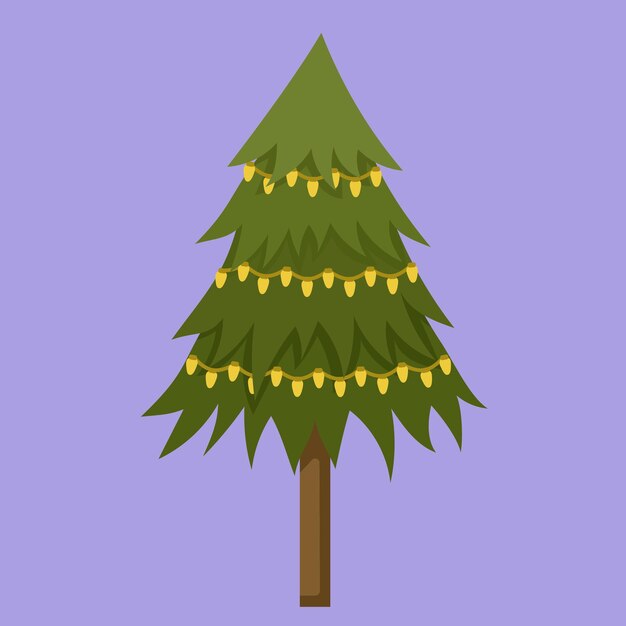 Vector año nuevo y árbol de navidad en diseño plano. el árbol de navidad está decorado con guirnaldas amarillas.