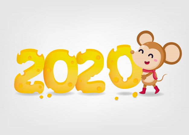 Año nuevo banner. feliz año nuevo 2020. el año de la rata. 2020 con mantequilla y linda rata sobre fondo blanco.