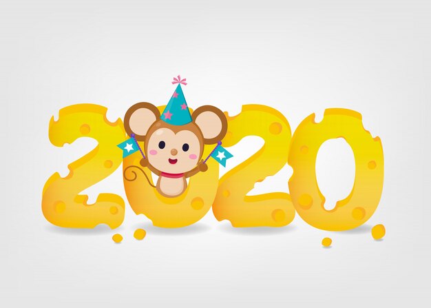 Año nuevo banner. Feliz año nuevo 2020. El año de la rata. 2020 con mantequilla y linda rata sobre fondo blanco.