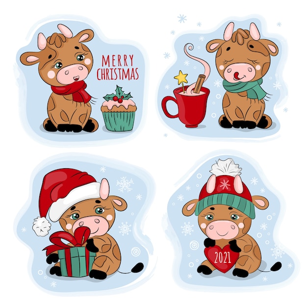 Año nuevo bull feliz navidad conjunto de dibujos animados