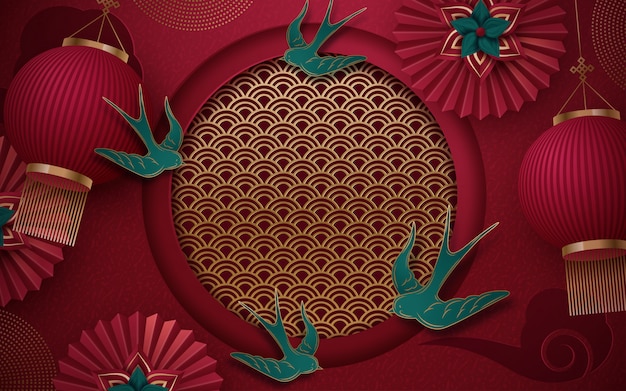 Año nuevo chino 2020 tradicional banner web rojo y dorado