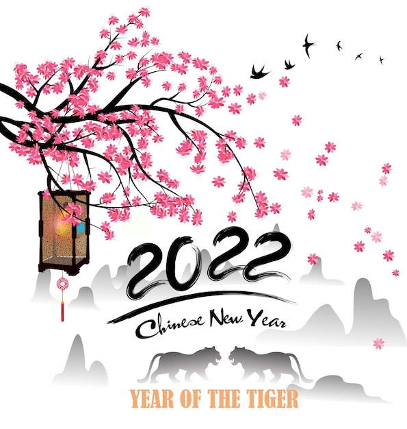 Año nuevo chino 2022 año del tigre flor roja y dorada y elementos asiáticos cortados en papel con artesanía