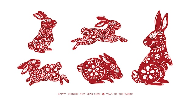 Año nuevo chino 2023 año del conejo Conjunto de zodiaco de conejo rojo del año nuevo lunar con patrón de flores chino aislado en el concepto de diseño de fondo blanco Ilustración vectorial