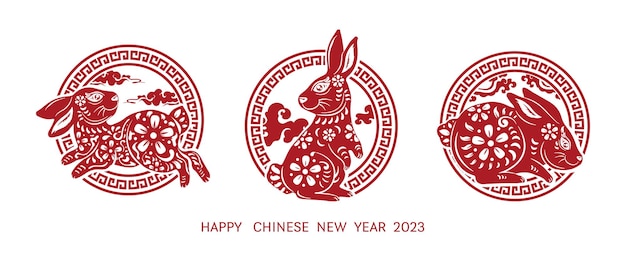 Año nuevo chino 2023 año del conejo conjunto de zodiaco de conejo rojo del año nuevo lunar en signo circular sobre el concepto de diseño de fondo blanco ilustración vectorial