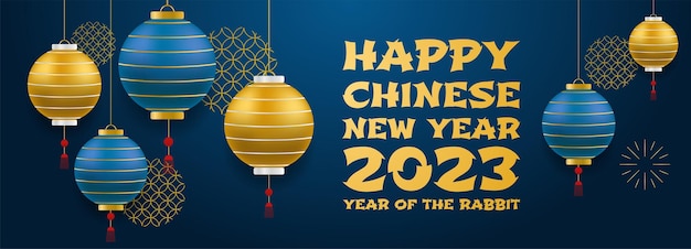 Año nuevo chino 2023 del conejo con adornos de oro rosa y bkue realistas Texto degradado de oro de China Liebre dorada sobre un fondo azul Ilustración vectorial