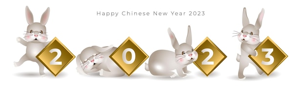 Año Nuevo chino 2023 del conejo Conjunto de conejitos lindos en diferentes poses en dibujos animados sobre fondo blanco Liebres aptos para diseñar ropa para niños tarjetas de felicitación cartel de banner Ilustración vectorial