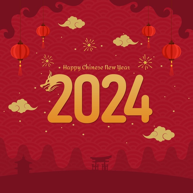 Vector año nuevo chino 2024, año del dragón, tarjeta de felicitación con linternas colgantes sobre fondo rojo