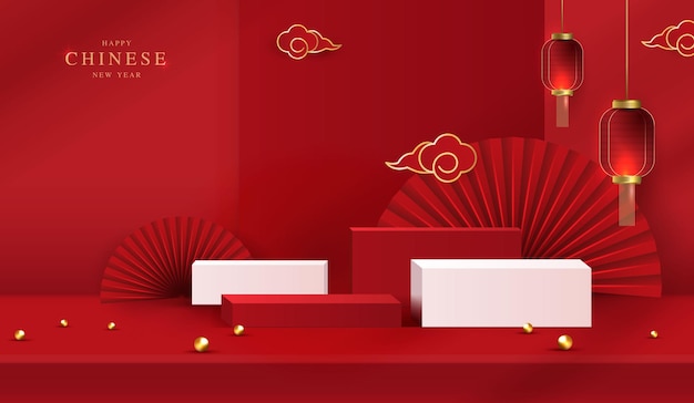 año nuevo chino 2025 año de la serpiente para productos escenario de fondo productos vitrina y exhibición de promoción en fondo rojo año nuevo lunar diseño conceptual vectorial