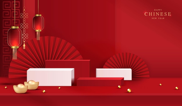 año nuevo chino 2025 año de la serpiente para productos escenario de fondo productos vitrina y exhibición de promoción en fondo rojo año nuevo lunar diseño conceptual vectorial
