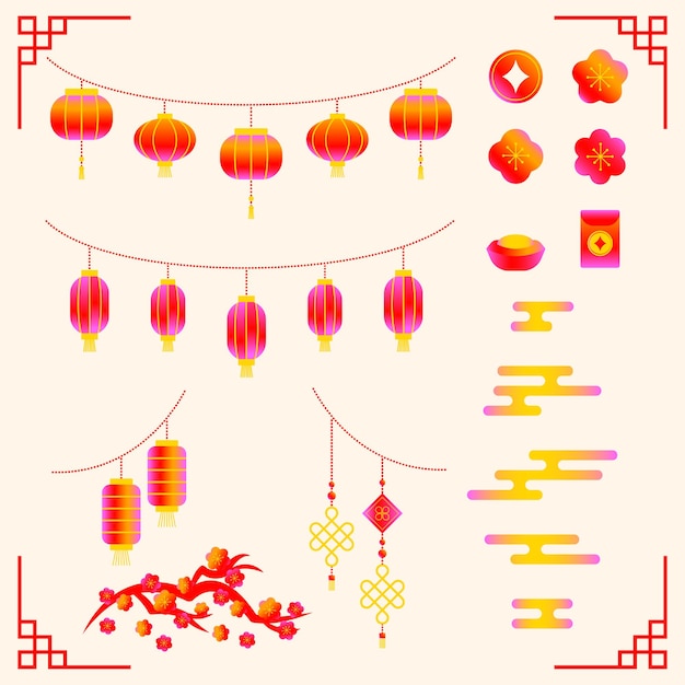 El año nuevo chino en gradiente minimalista Vector Set Ilustración de linternas CloudFlowerTreeRed Enve