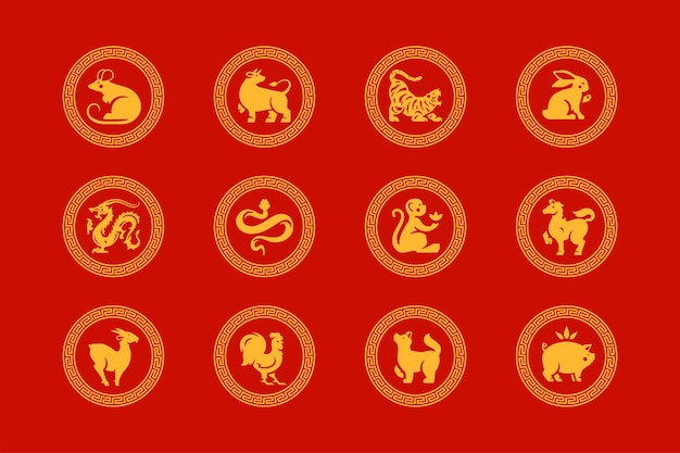 Vector año nuevo chino horóscopo tradicional personajes círculo marco adornado icono vector ilustración plana