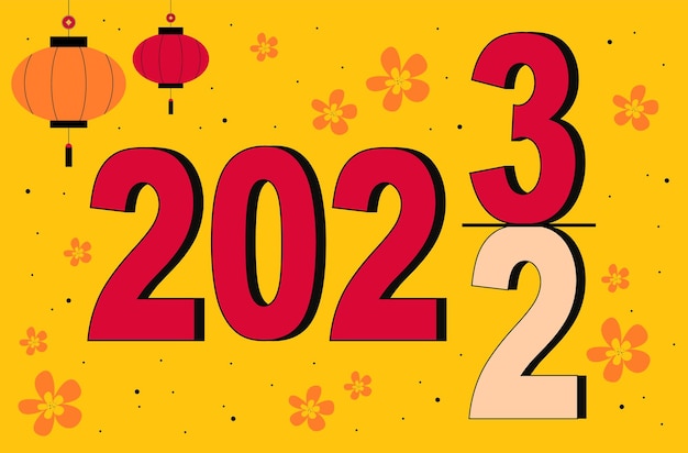 Año Nuevo Chino. La inscripción 2023 desplaza a 2022. Linternas chinas y flores.