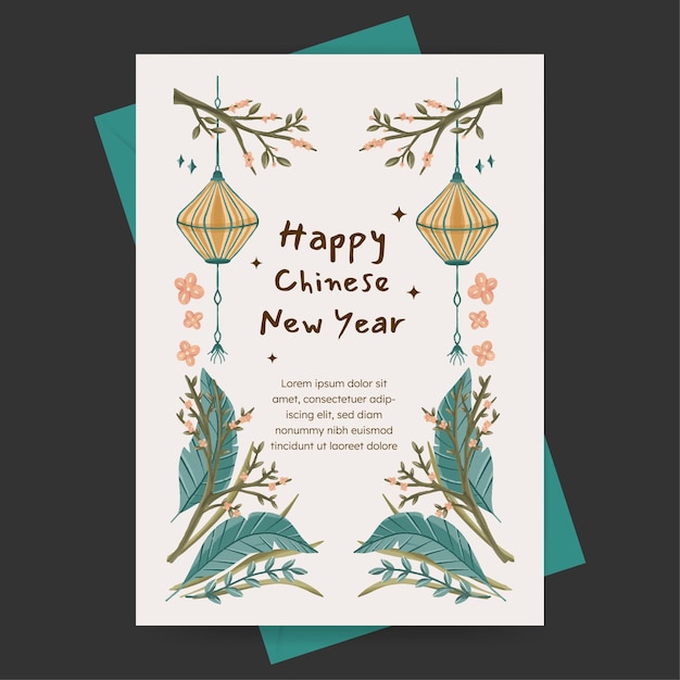 Año nuevo chino con plantas florales y adornos orientales Plantilla de diseño para tarjeta de felicitación de cartel