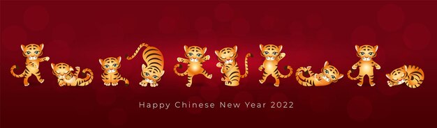 Año nuevo chino del tigre. conjunto de 10 lindos tigres en diferentes poses con signos 2022 sobre fondo rojo. se adapta al diseño de ropa para niños, tarjetas de felicitación, pancartas, carteles. ilustración vectorial.