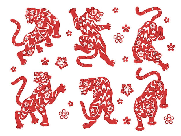año nuevo chino tigre horóscopo asiático animal siluetas decorativas rojas en diferentes poses símbolos gráficos orientales tradicionales colección de vacaciones signos del zodiaco y flores conjunto aislado vectorial