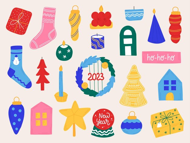 Año Nuevo establece elementos de Navidad en estilo dibujado a mano Pegatinas de iconos aislados para el diseño