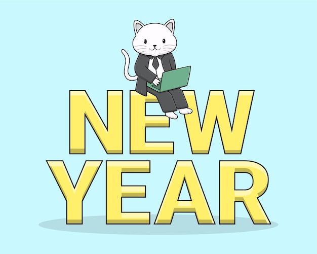 Año nuevo con gato y portátil.