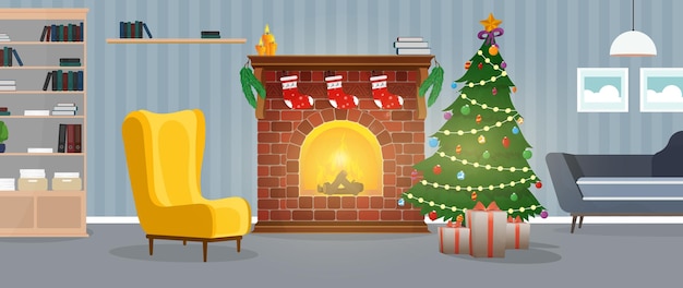 Año nuevo. Una habitación con chimenea, árbol de Navidad y regalos. Vector.