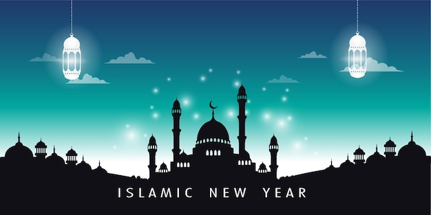 año nuevo islámico con ilustración de una silueta de mezquita contra un fondo azul brillante del cielo nocturno