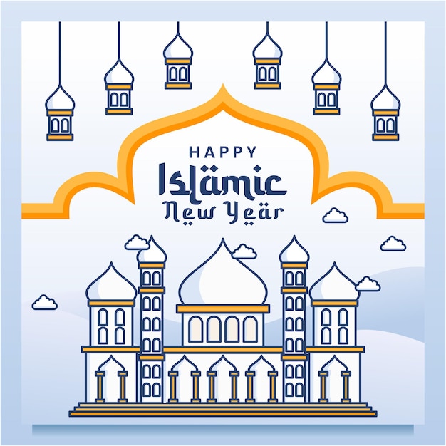 Año nuevo islámico con plantilla de diseño de fondo de banner de mezquita de arte lineal