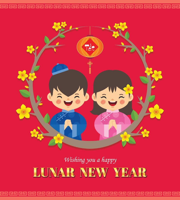 Año nuevo lunar vietnamita Tet Cartoon pueblo vietnamita con linterna y flor de albaricoque amarillo