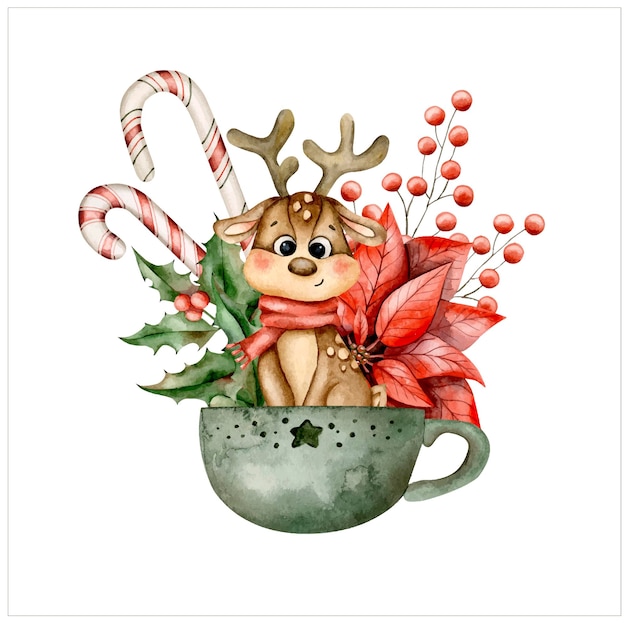Año Nuevo Navidad ilustraciones de acuarela dibujadas a mano con taza de ciervo lindo caramelo cañas poinsettia
