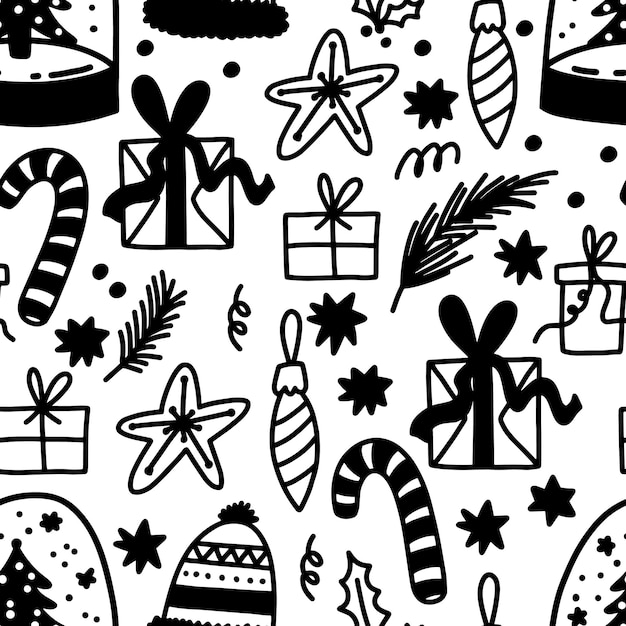 Año Nuevo y Navidad patrón sin costuras en blanco y negro con calcetines de árbol dulces regalo de nieve Feliz vacaciones de invierno garabateo patrón simple fondo sin fin para la decoración de papel textil