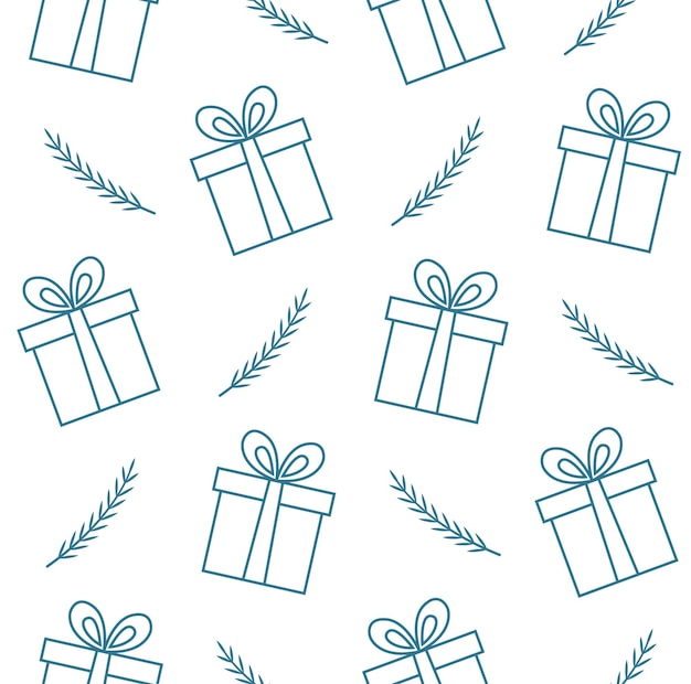 Vector año nuevo y navidad patrón sin costuras cajas de regalos y ramitas árboles de navidad en estilo doodle