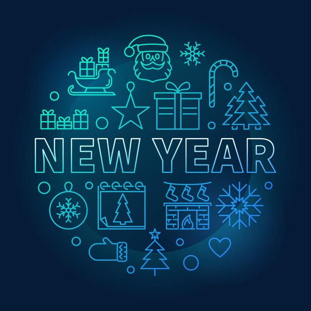 Año nuevo redondo vector azul brillante ilustración en estilo de línea fina