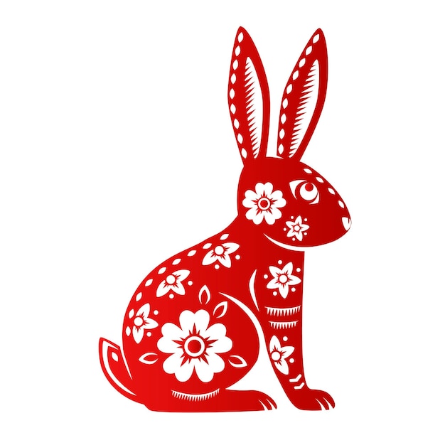 Año del signo del zodiaco del conejo con arte de corte de papel rojo sobre fondo de color blanco