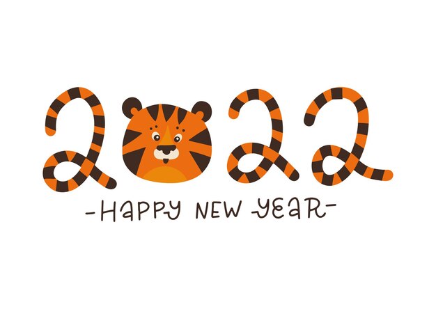 Año del tigre feliz año nuevo inscripción estilizada con una cabeza de tigre vector plano dibujado a mano ilusión ...