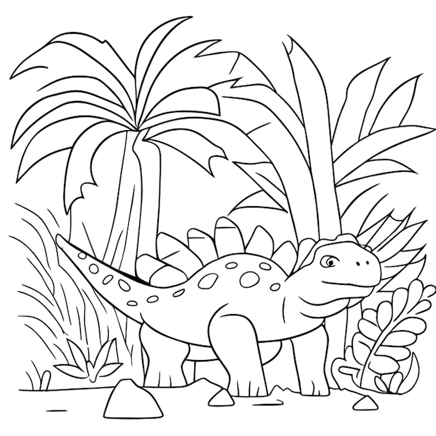 Anquilosaurio en la jungla Ilustración vectorial de línea de arte