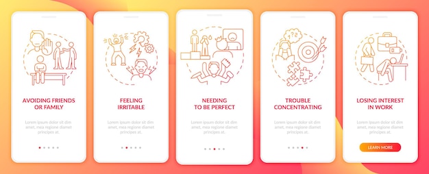 Ansiedad en el lugar de trabajo Gradiente rojo Incorporación de la pantalla de la aplicación móvil Tutorial de estrés Páginas de instrucciones gráficas de 5 pasos con conceptos lineales UI UX Plantilla de GUI Myriad ProBold Fuentes regulares utilizadas