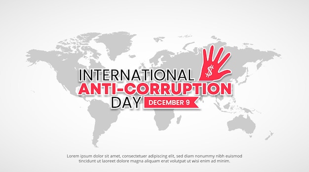 Antecedentes del día internacional contra la corrupción con un mapa mundial y una mano que rechaza