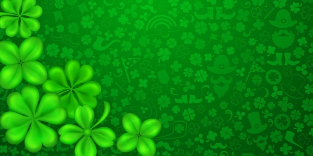Antecedentes del Día de San Patricio hechos de hojas de trébol realistas con sombras y otros símbolos festivos en colores verdes