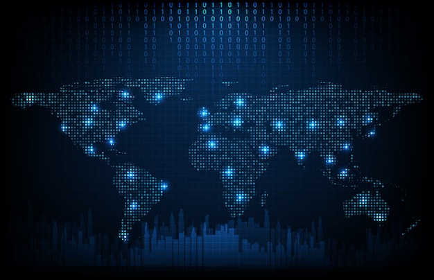 Antecedentes de los mapas mundiales de puntos de tecnología digital futurista con fondo de ciudad, concepto de pantalla de alta tecnología