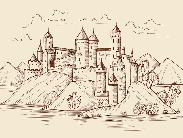 Vector antecedentes medievales edificios históricos de fantasía con torres de fortaleza casa de ladrillos antiguos paisaje vectorial reciente ilustración dibujada a mano