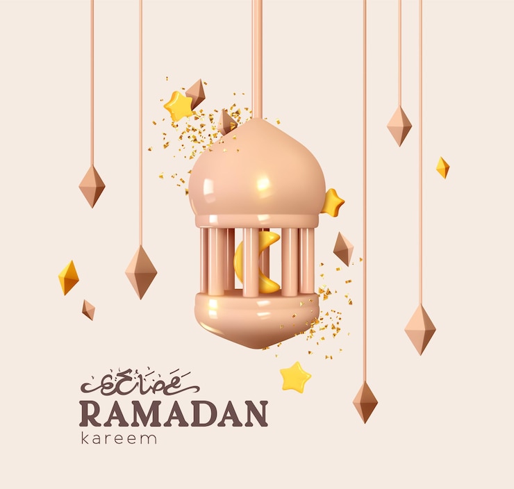 Vector antecedentes de ramadán kareem. linternas colgantes, estrellas de volumen, confeti dorado que cae. celebra el mes sagrado del ramadán. banner de vacaciones, afiche web, volante, folleto elegante, tarjeta de felicitación, portada.