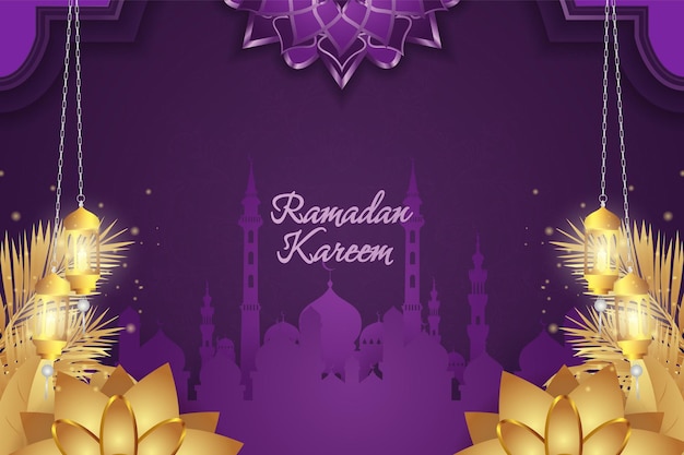 Antecedentes Ramadan Kareem Lujo islámico púrpura y dorado con mandala y mezquita