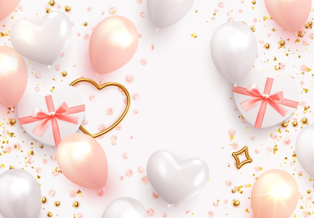 Vector antecedentes románticos para bodas, san valentín y cumpleaños. elemento de diseño realista, globos blancos y rosas, cajas de regalo en forma de corazón, pétalos de rosa. confeti dorado. corazón de amor de metal dorado