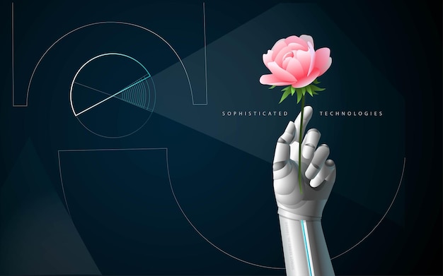 Antecedentes sobre un tema futurista con un gráfico y una mano robótica sosteniendo una hermosa flor